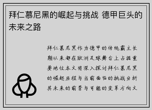 拜仁慕尼黑的崛起与挑战 德甲巨头的未来之路
