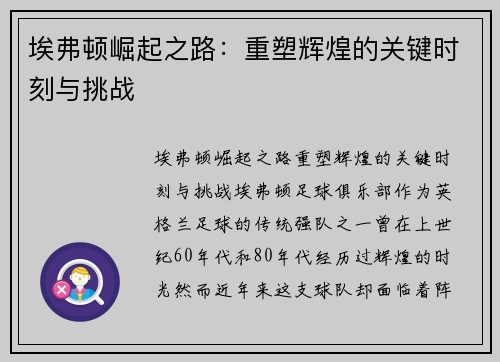 埃弗顿崛起之路：重塑辉煌的关键时刻与挑战